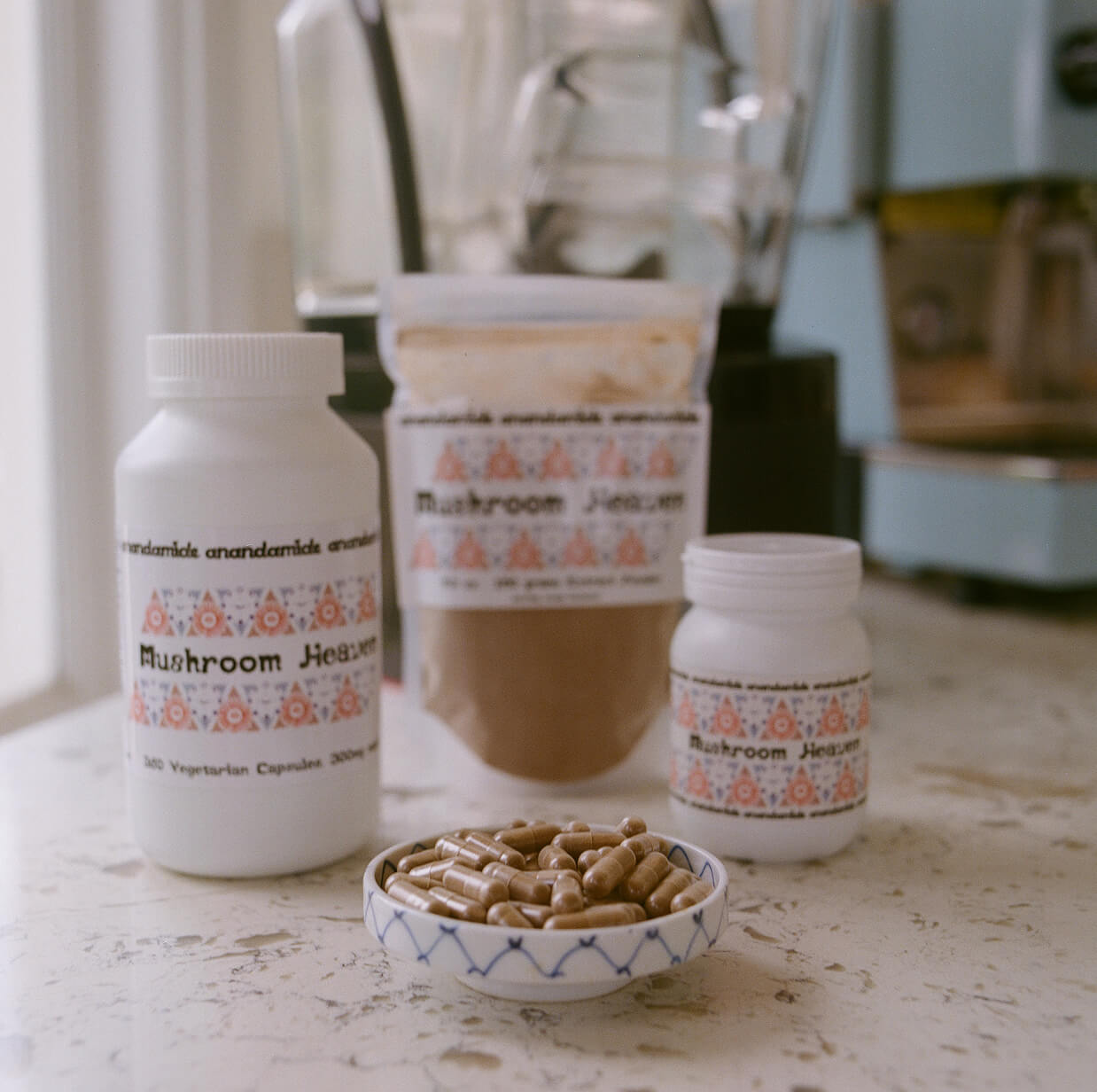 Mushroom Heaven OG Recipe bottles and tea preparation set with six medicinal mushroom extracts