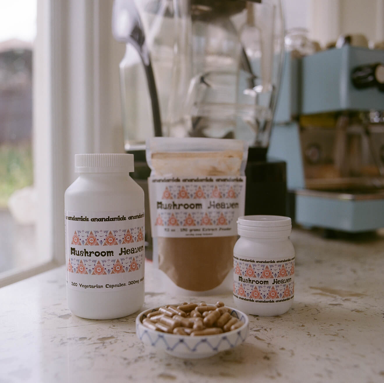 Mushroom Heaven OG Recipe bottles and tea preparation set with six medicinal mushroom extracts